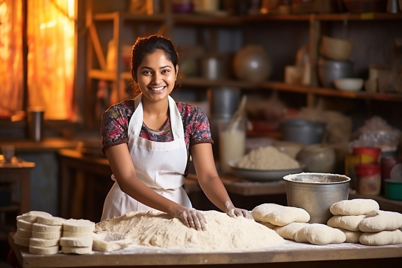 Happy indian woman baking bread in kitchen a blurred background