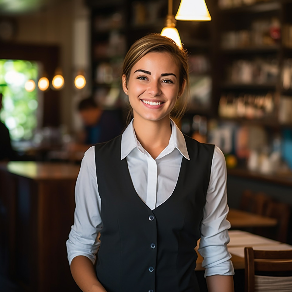 Gracious female restaurant manager with a welcoming smile on blurred background