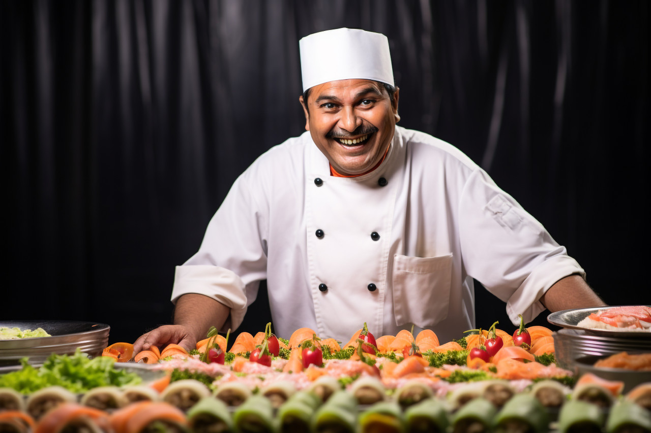 Happy indian sushi chef preparing fresh sushi rolls on blurred background