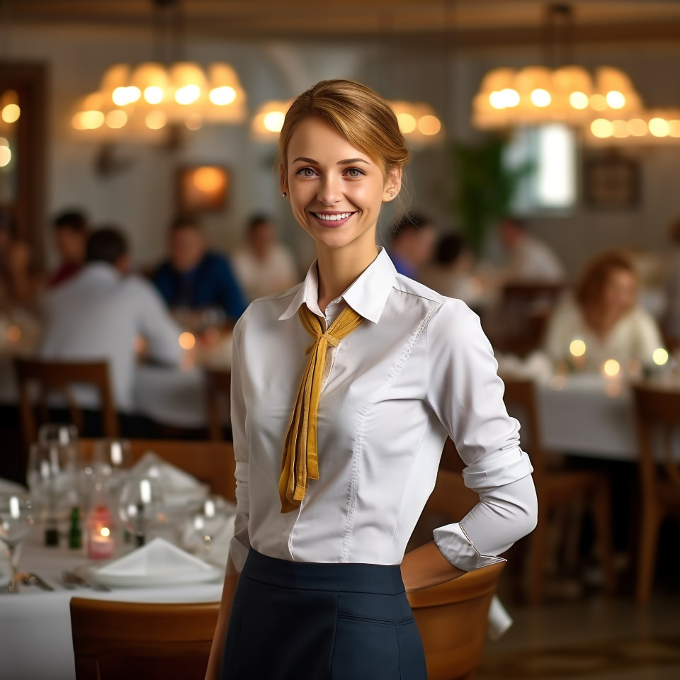 Cheerful female event manager working in a professional setting on blurred background