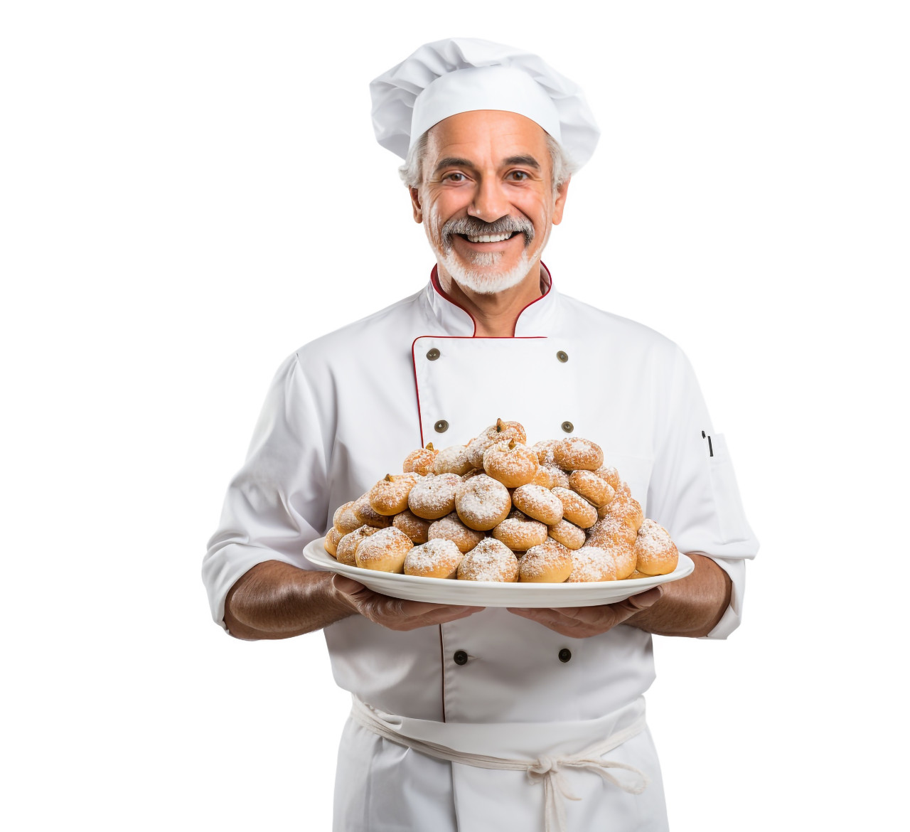 Happy male baker in white uniform against a white background
