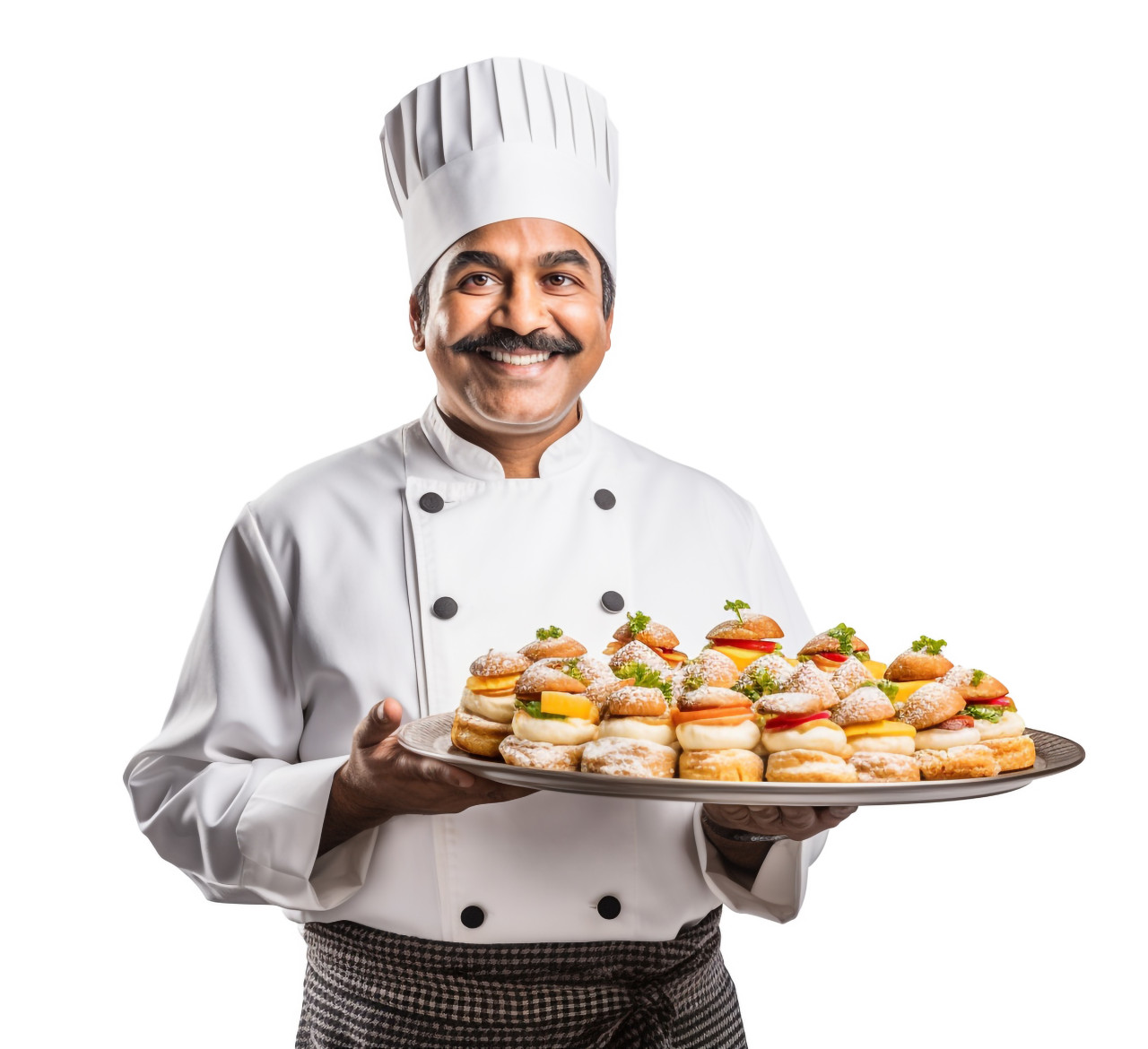 Happy indian baker poses against a white background