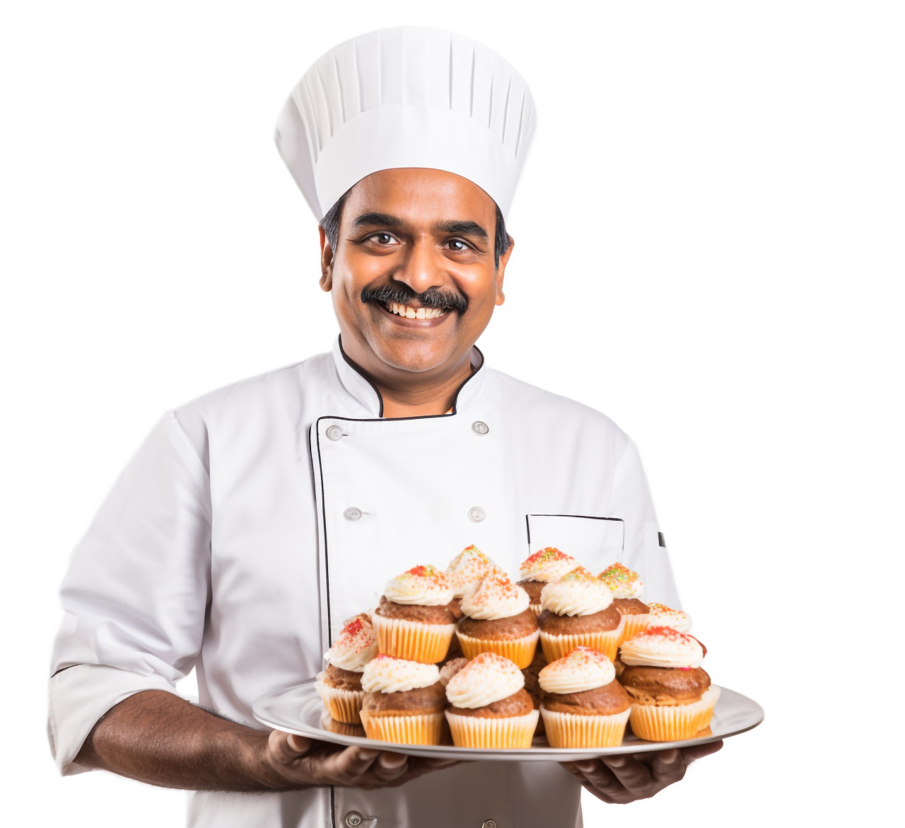 Happy indian baker poses against a white background