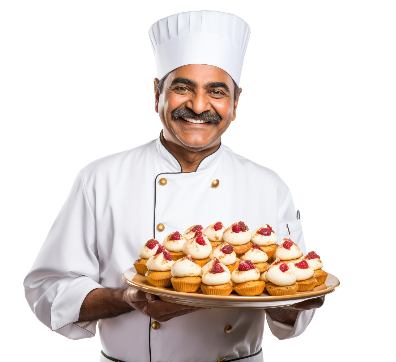 Happy indian pastry chef isolated on white background