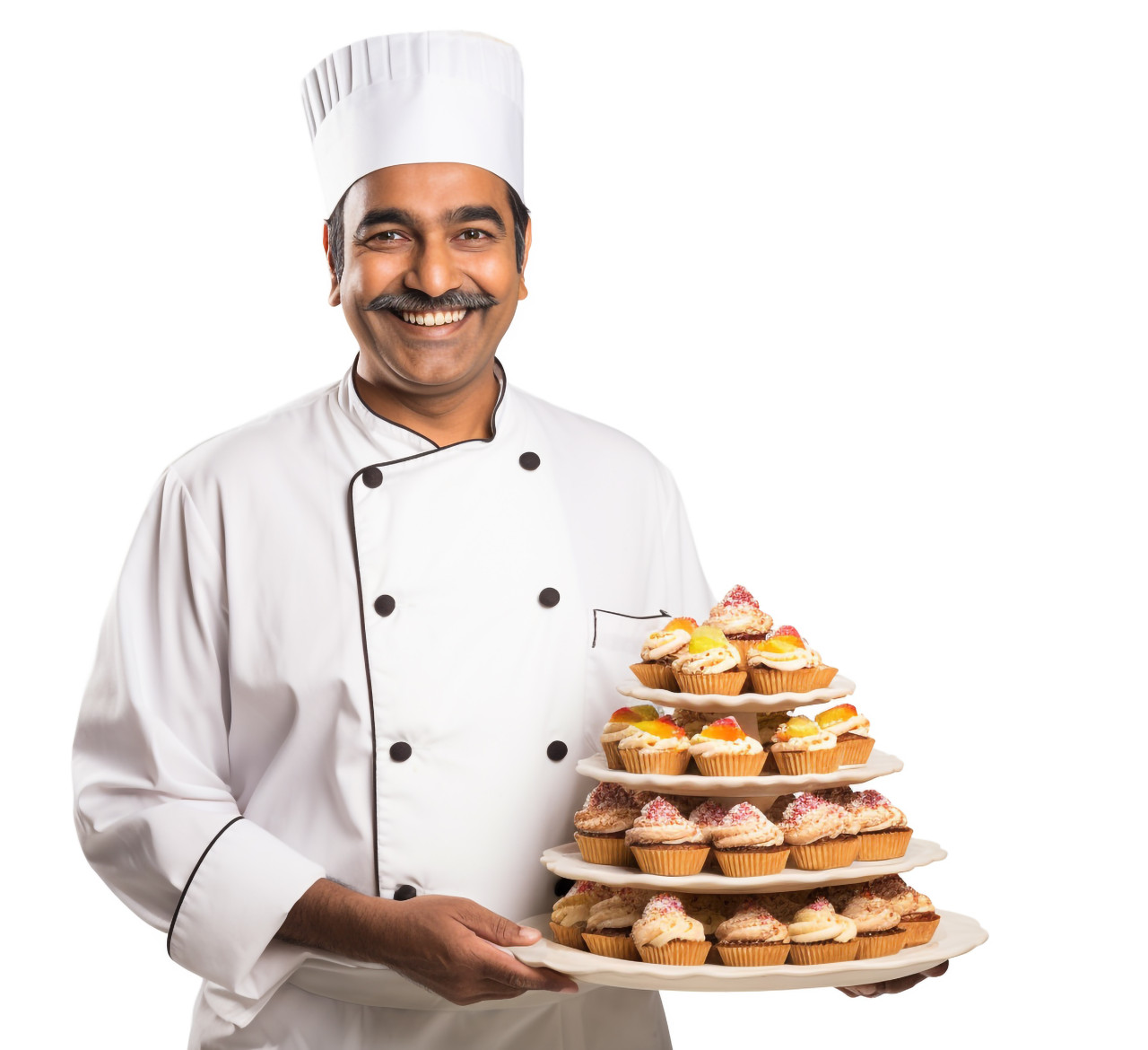Happy indian pastry chef isolated on white background