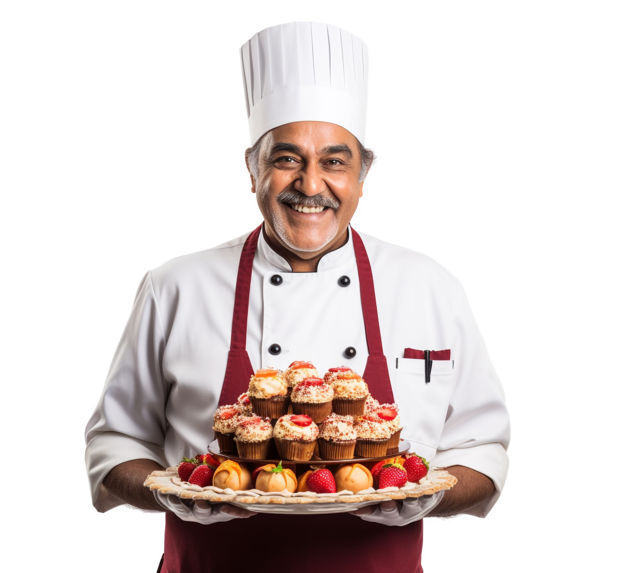 Happy indian pastry chef isolated on white background