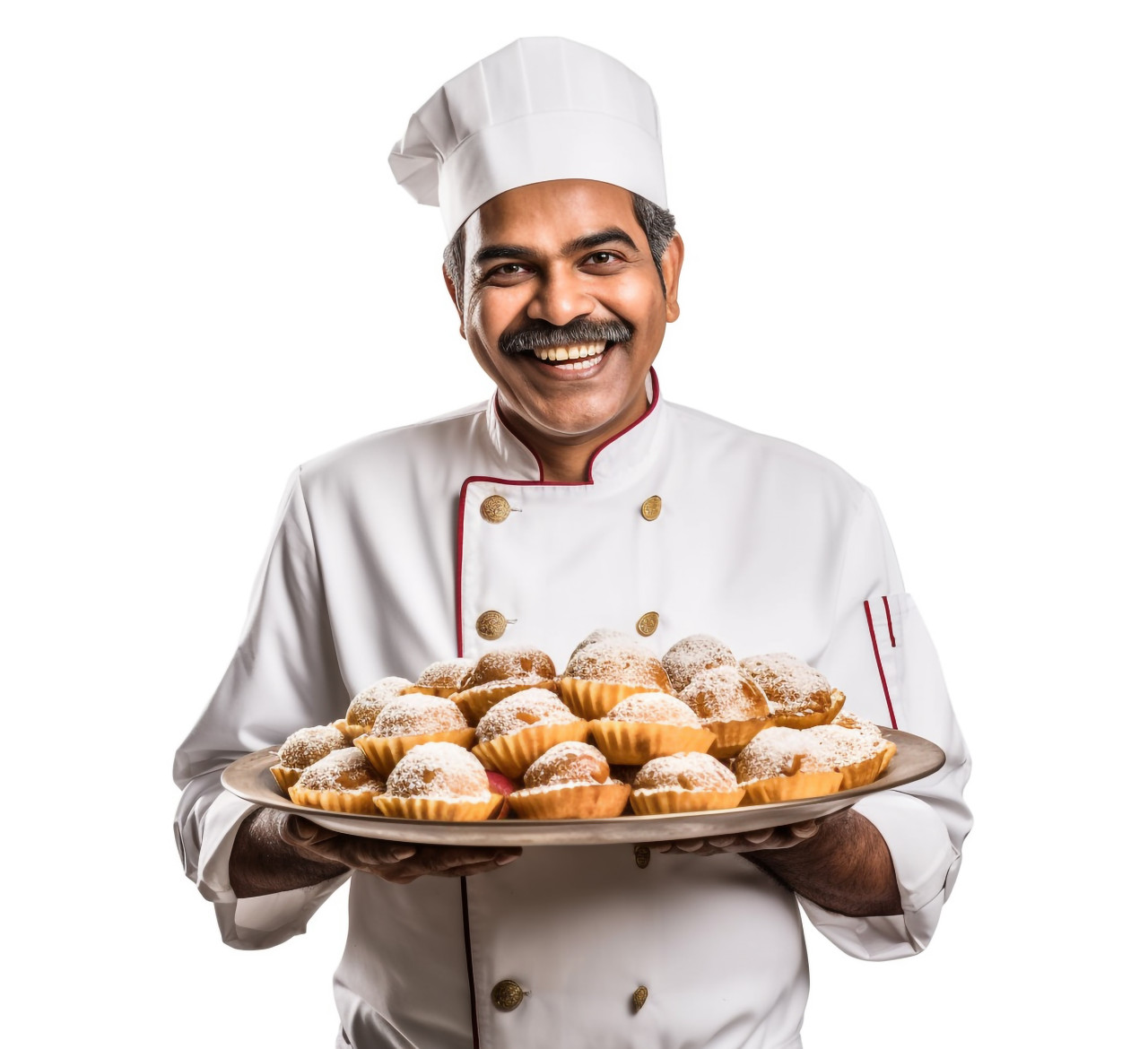 Happy indian baker poses against a white background
