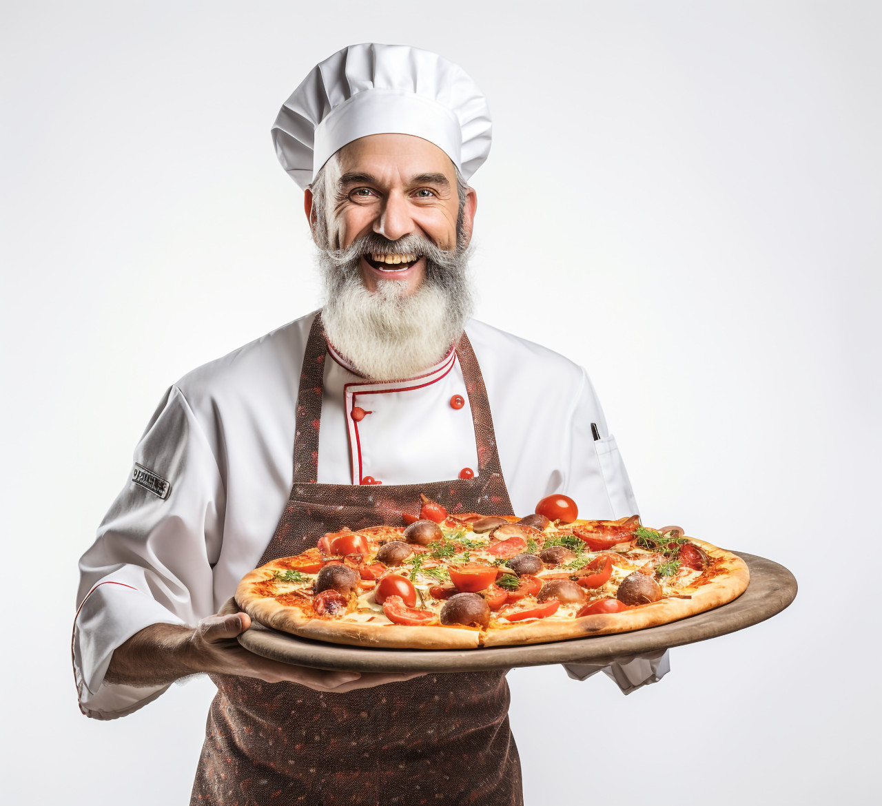 Cheerful pizza chef isolated on white background