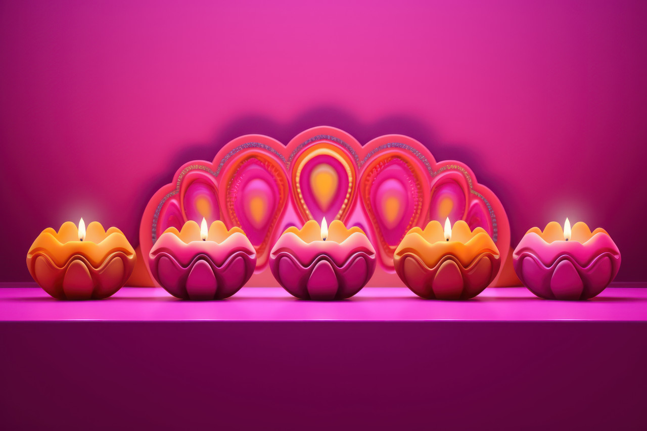 Five vibrant diyas glowing against a soft pink backdrop