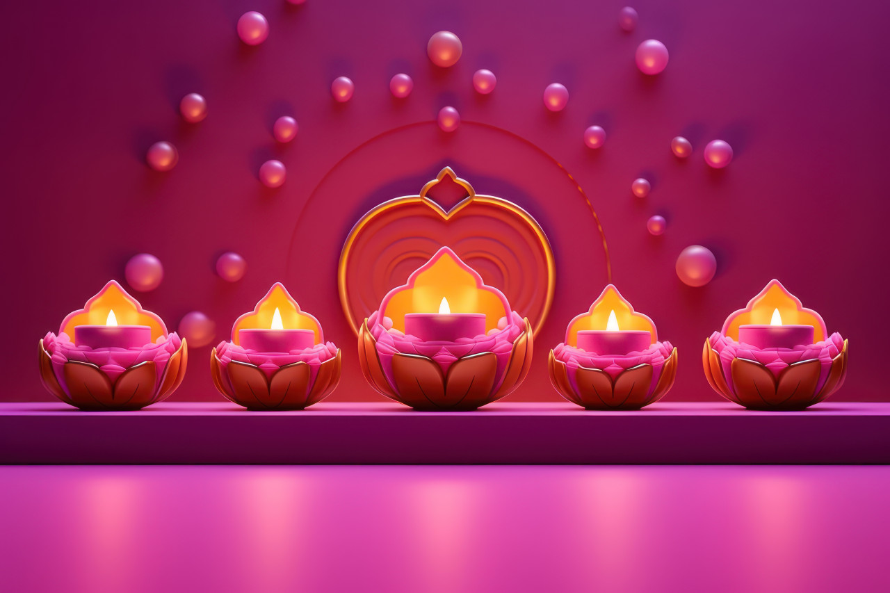 Five vibrant diyas glowing against a soft pink backdrop