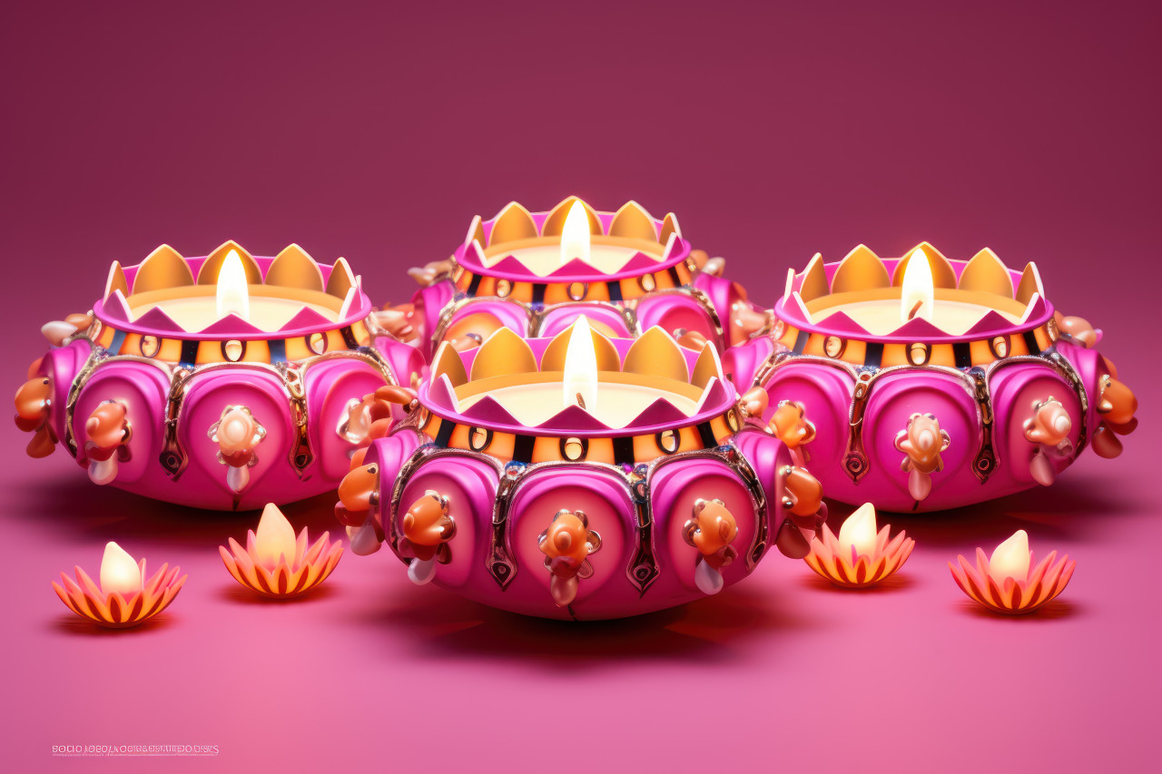 Glowing diyas on a vibrant pink backdrop