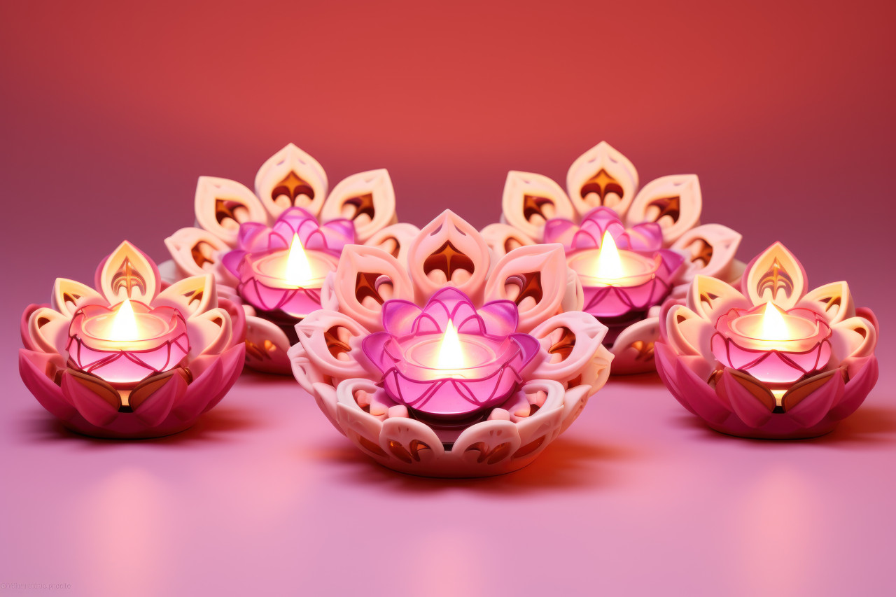 Glowing diyas on a vibrant pink backdrop