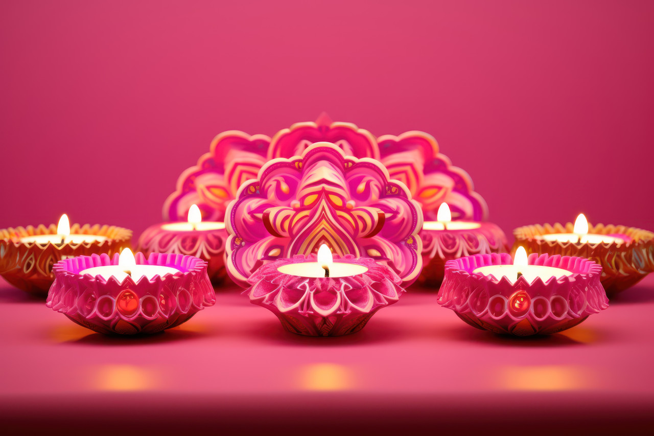 Glowing diyas on a vibrant pink backdrop