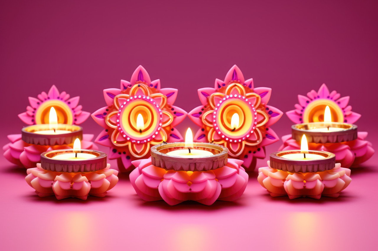 Glowing diyas on a vibrant pink backdrop