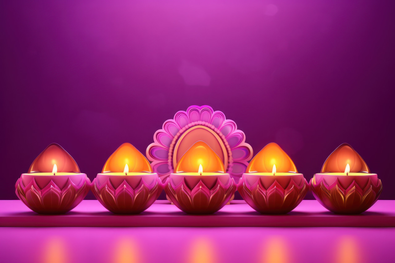 Five vibrant diyas glowing against a soft pink backdrop