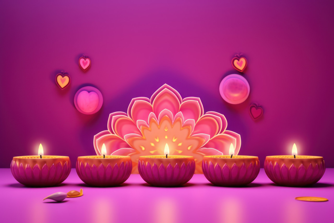 Five vibrant diyas glowing against a soft pink backdrop