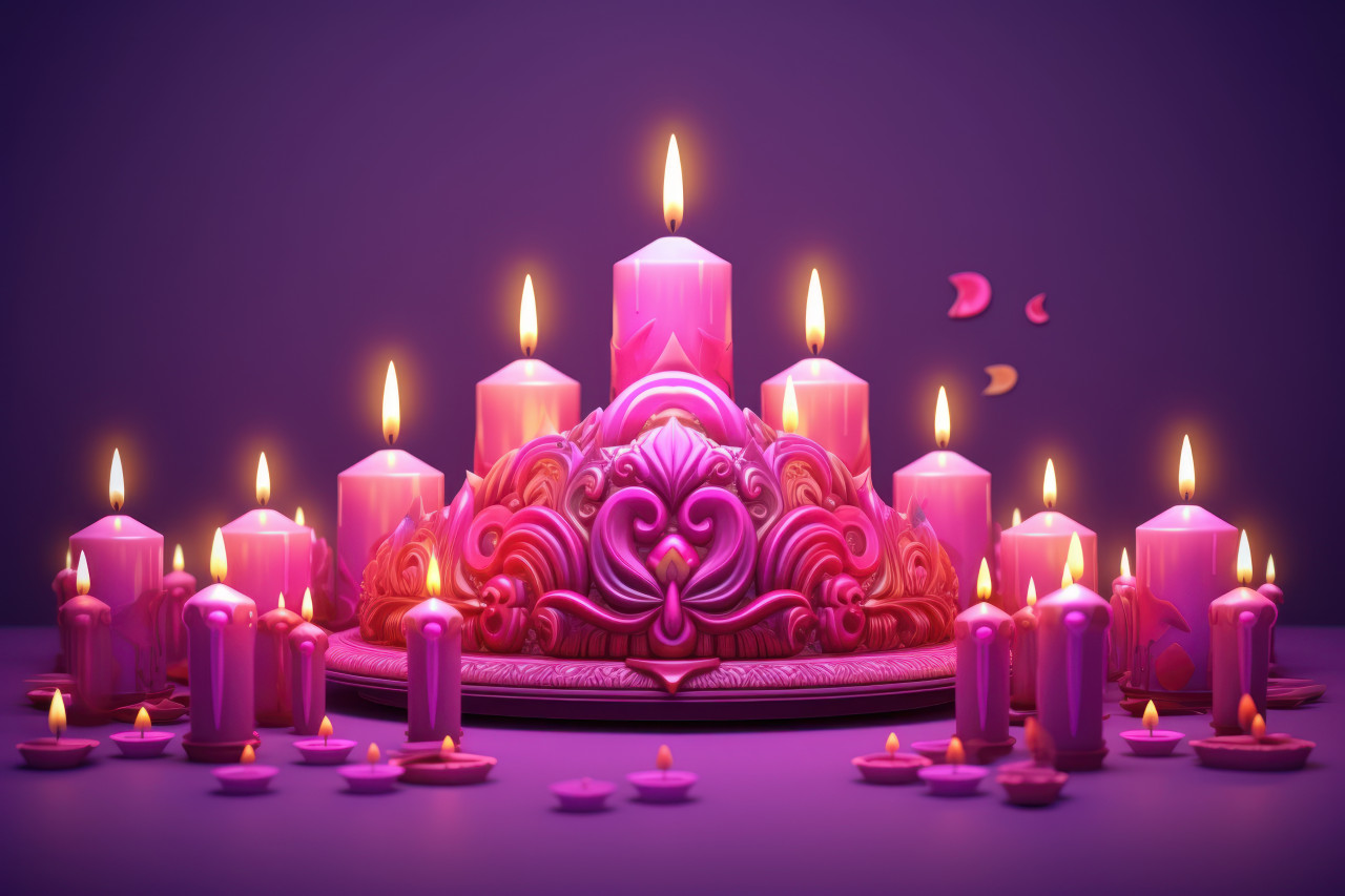 Glowing diyas illuminate purple diwali backdrop