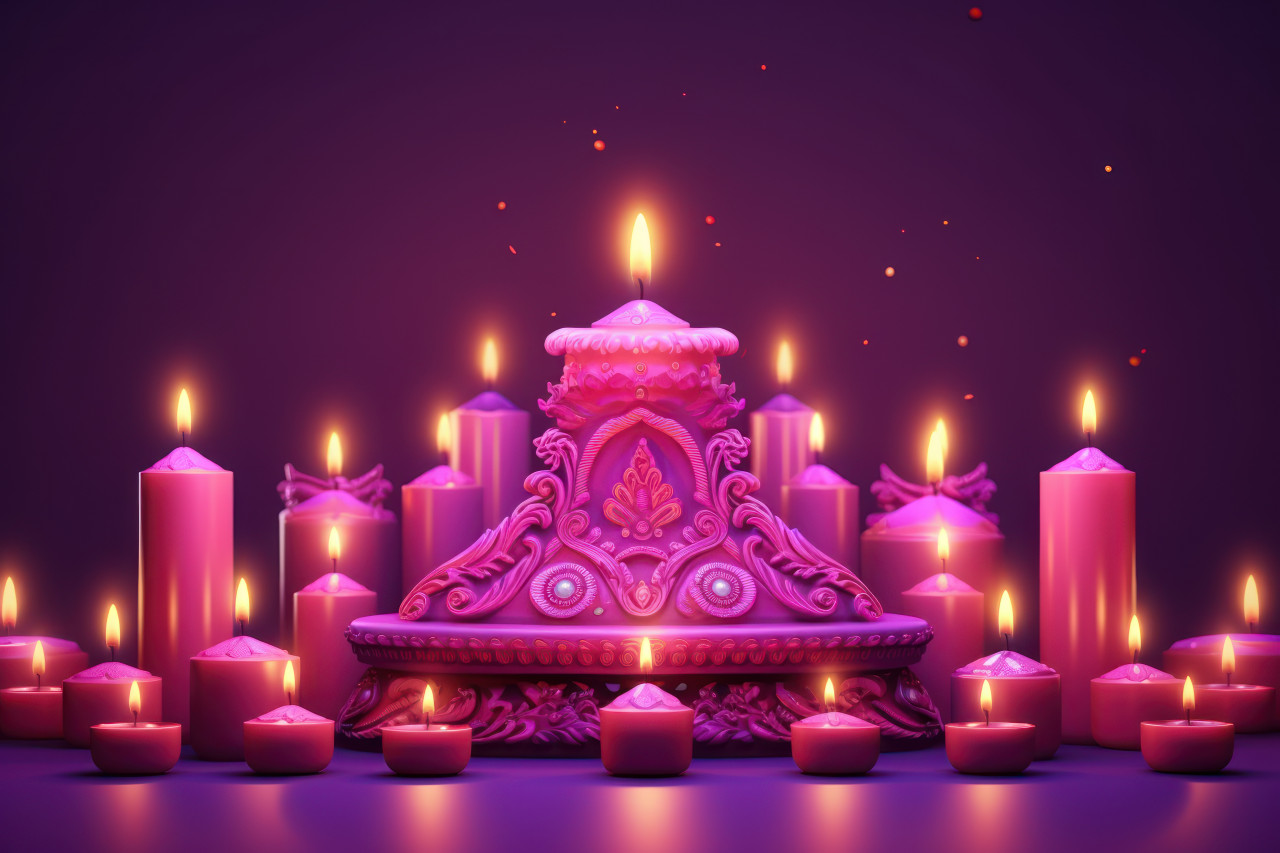 Glowing diyas illuminate purple diwali backdrop