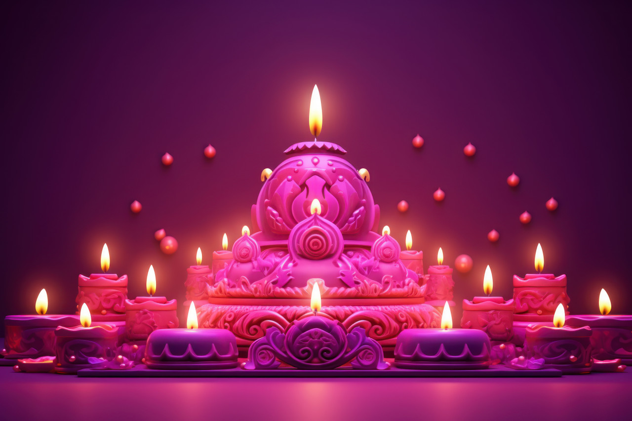 Glowing diyas illuminate purple diwali backdrop