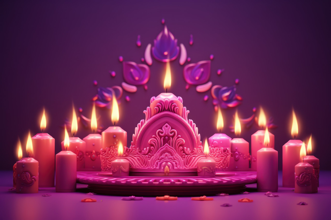 Glowing diyas illuminate purple diwali backdrop