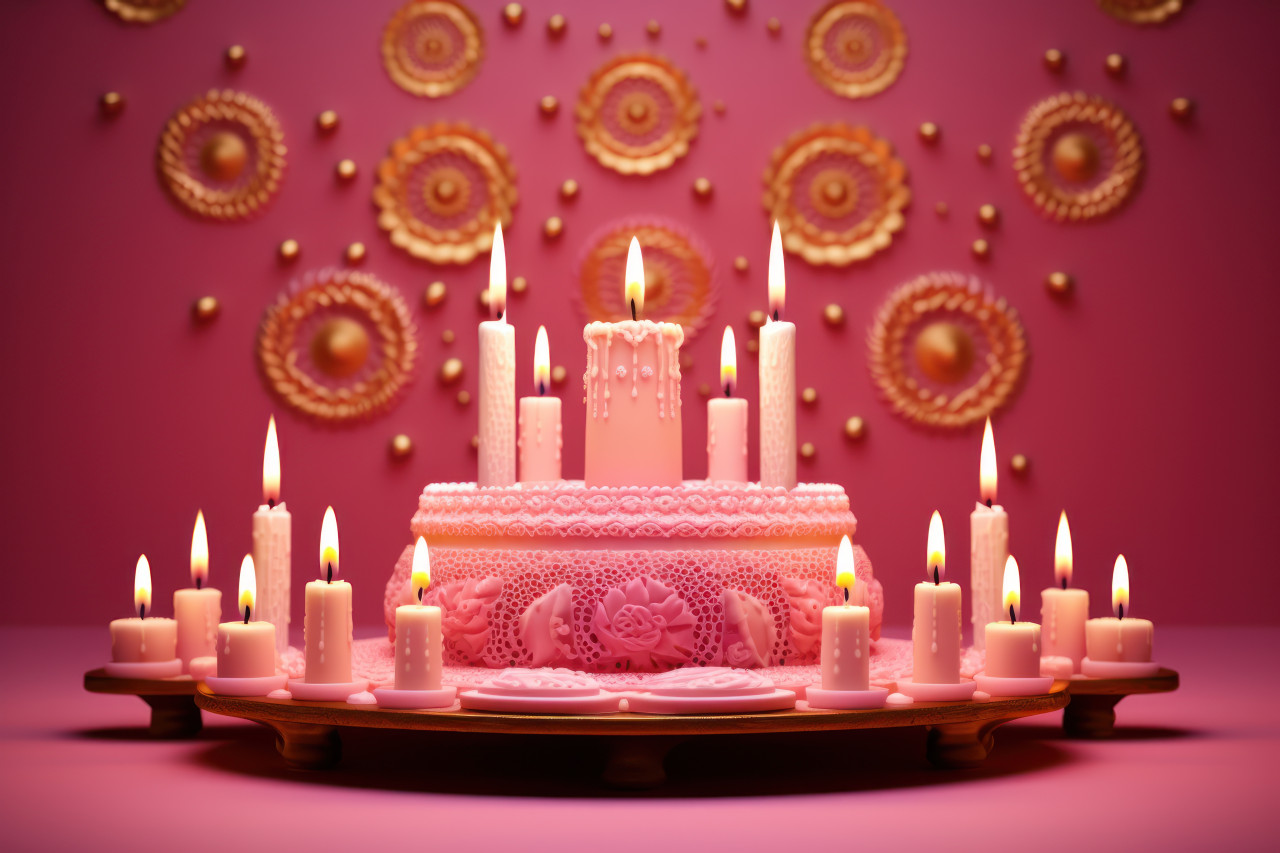 Diwali candles glowing on a pink background