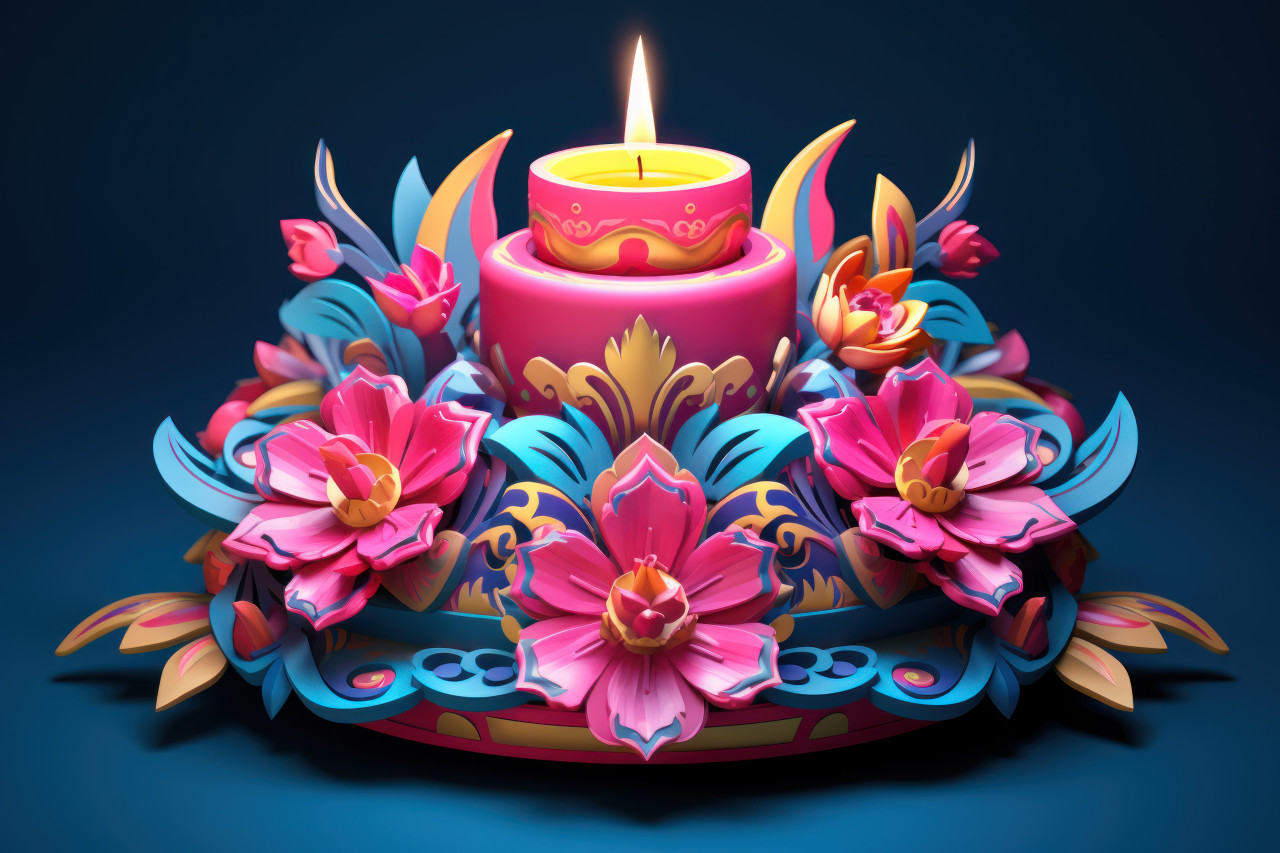 Diya oil lamp in flower arrangement 3d model