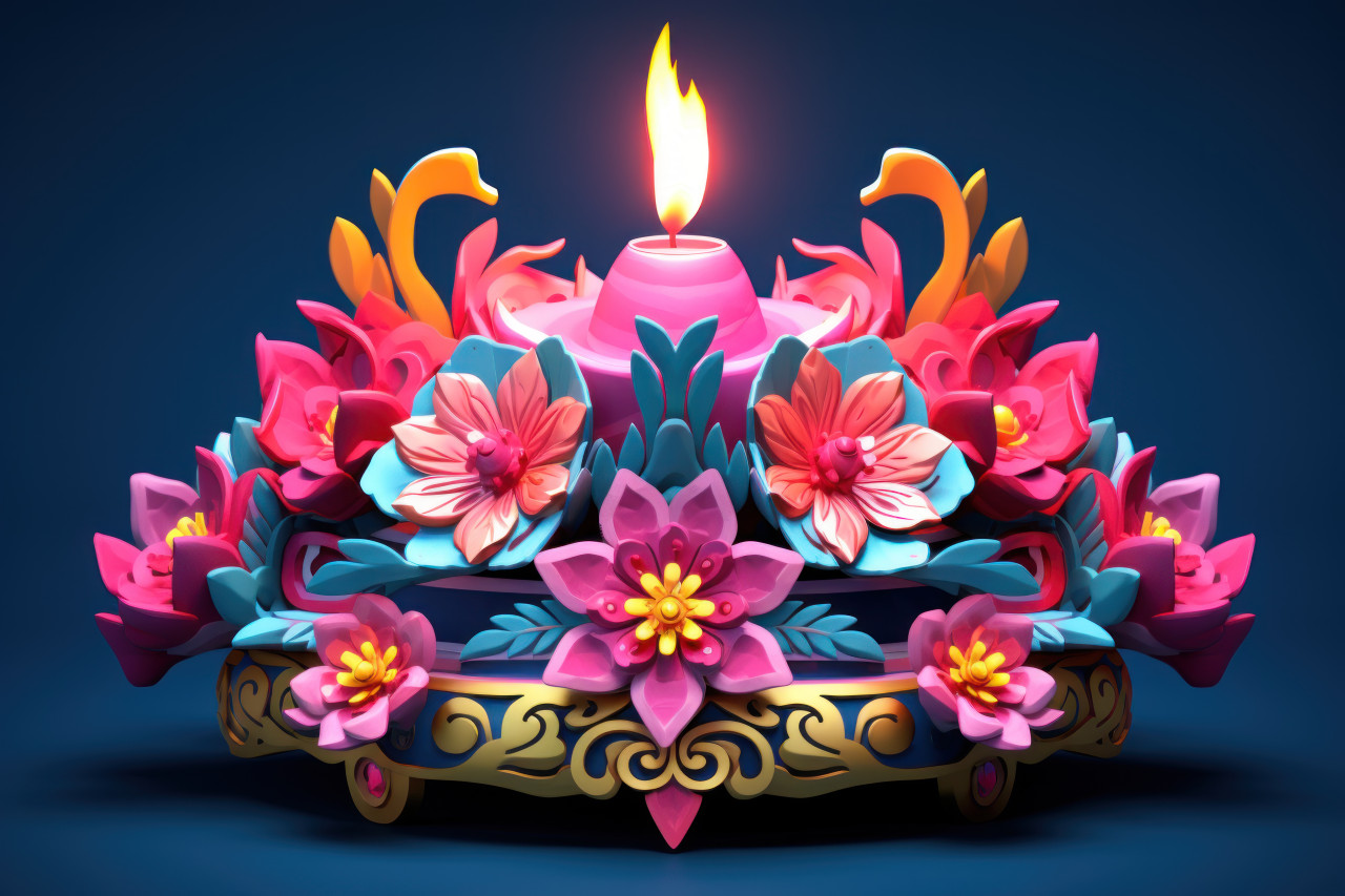 Diya oil lamp in flower arrangement 3d model