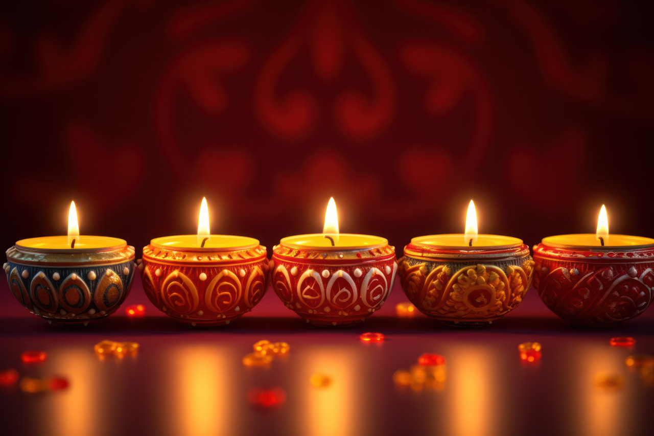 Diya candles glowing in a row against a creative backdrop