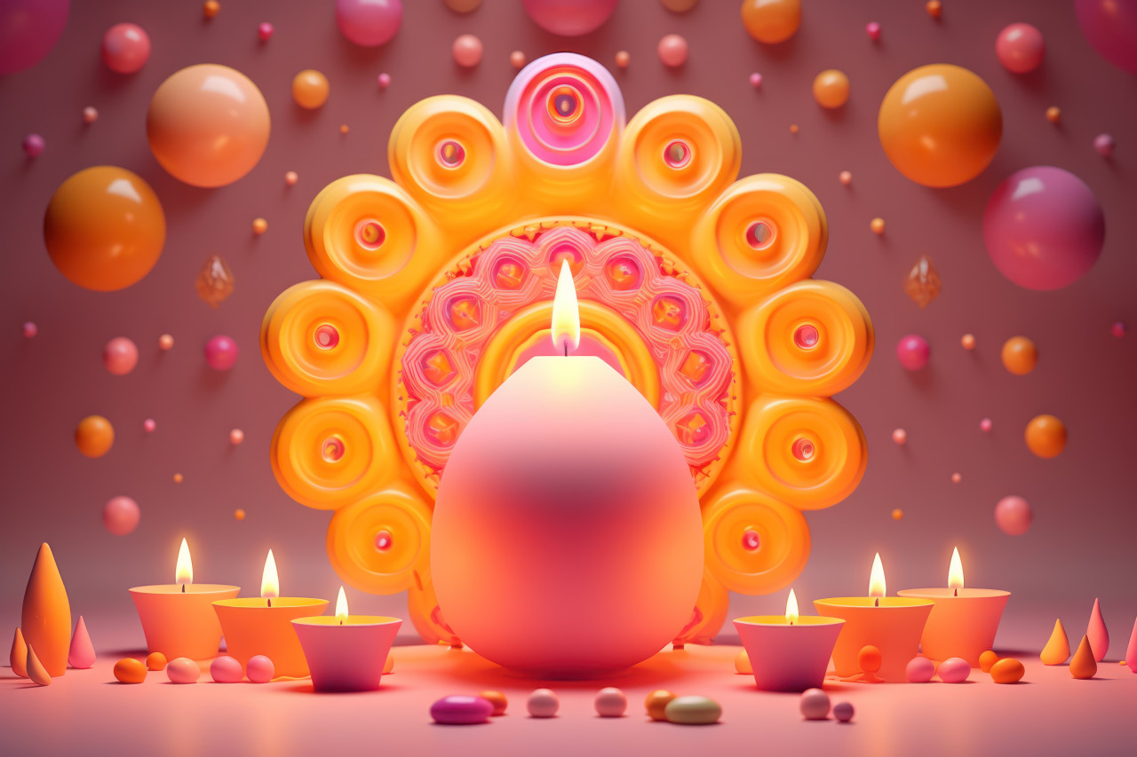 Festive diwali diya and lamp glowing amidst colorful lights and candles