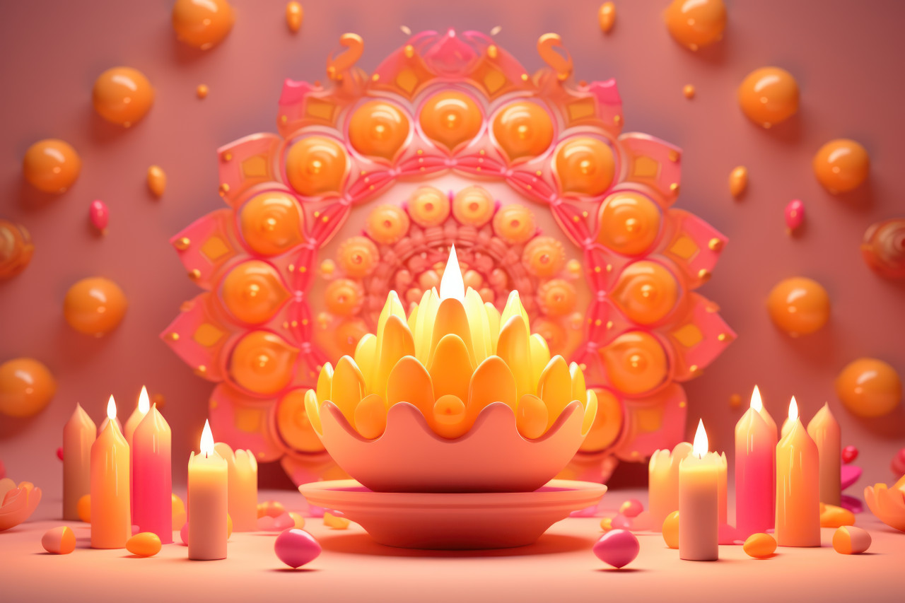 Festive diwali diya and lamp glowing amidst colorful lights and candles