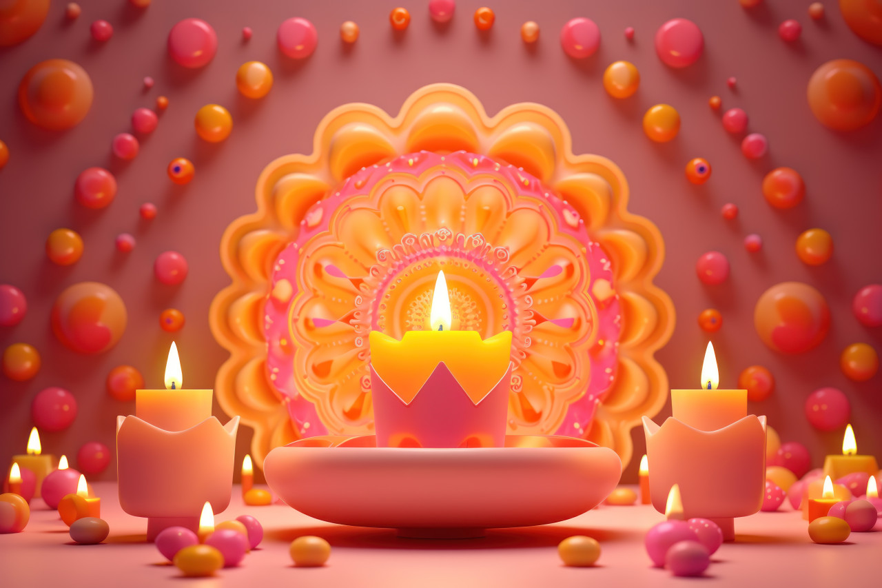 Festive diwali diya and lamp glowing amidst colorful lights and candles