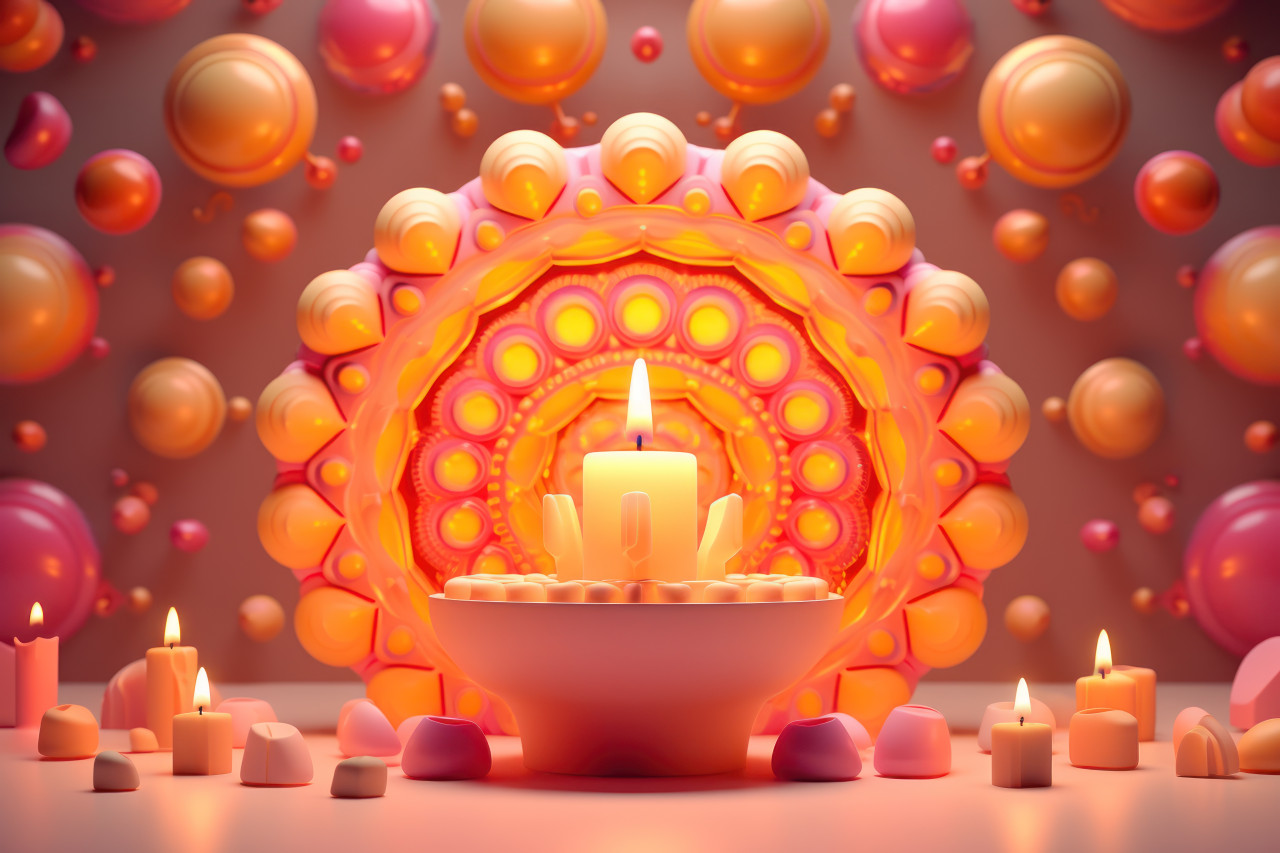 Festive diwali diya and lamp glowing amidst colorful lights and candles