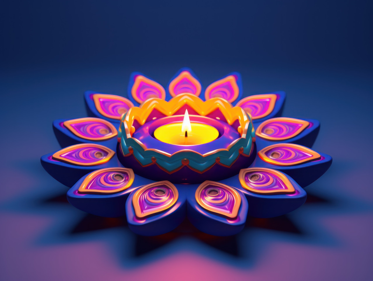 Traditional blue diya on a blue background