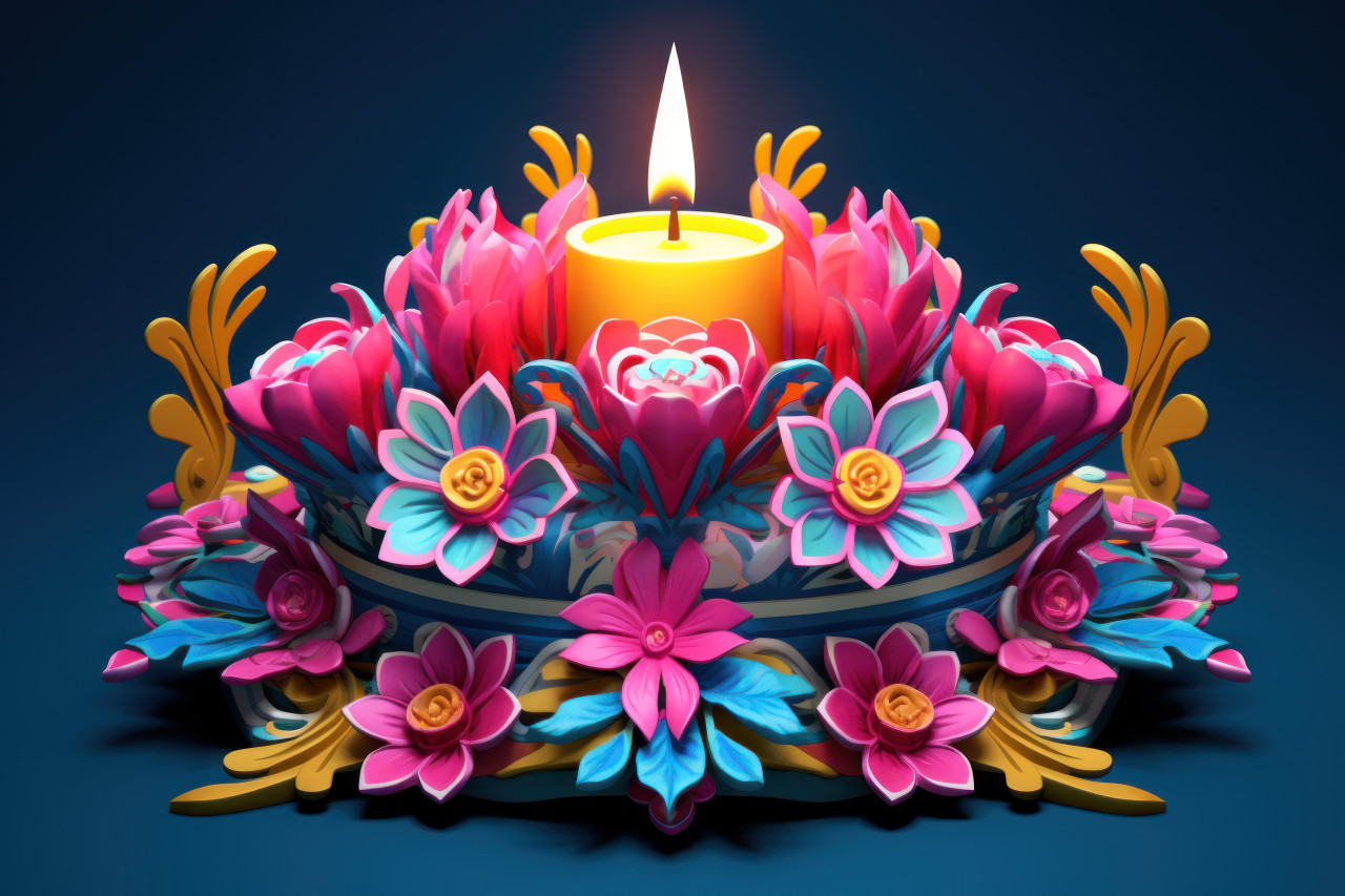 Diya oil lamp in flower arrangement 3d model