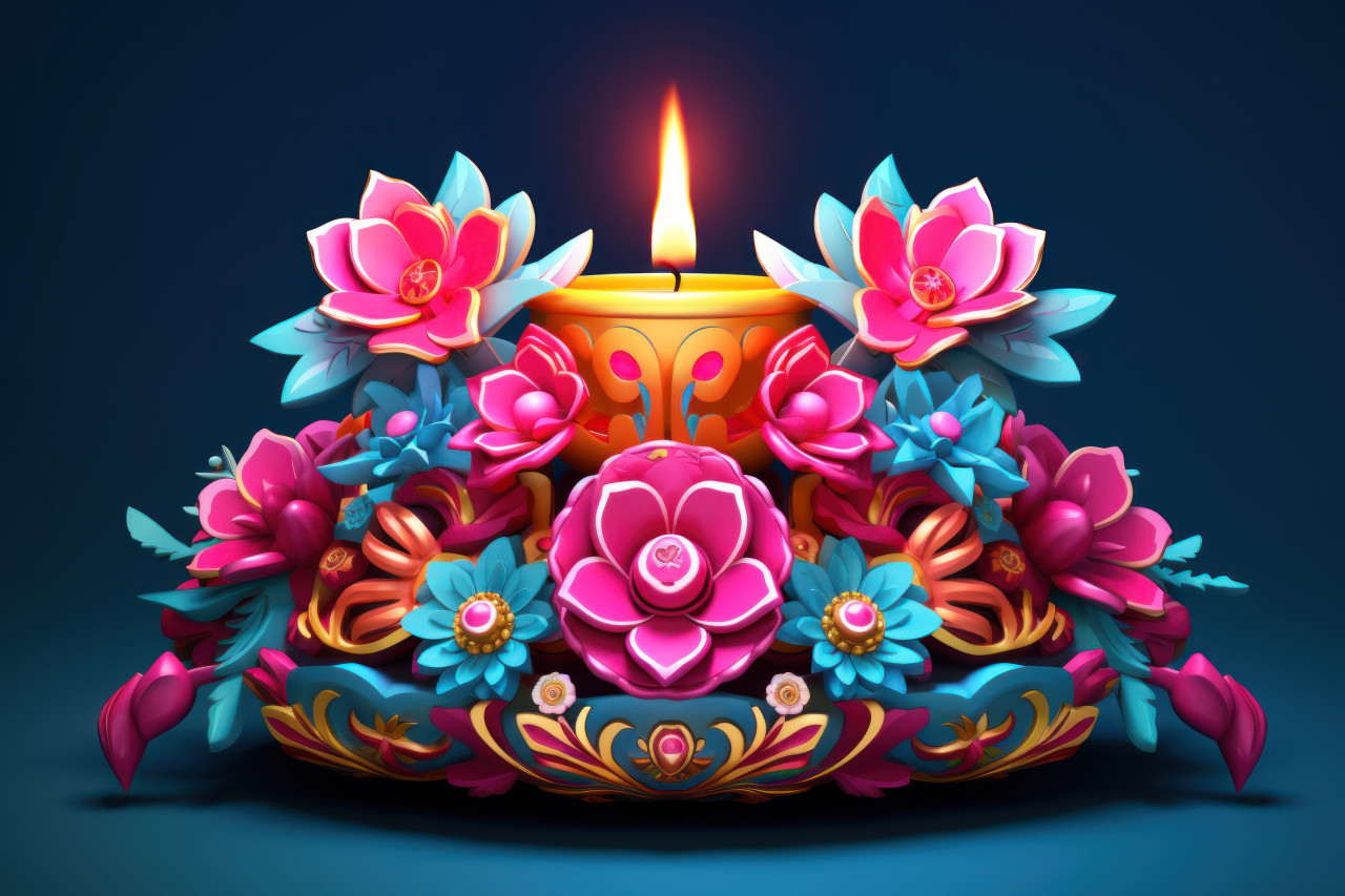 Diya oil lamp in flower arrangement 3d model