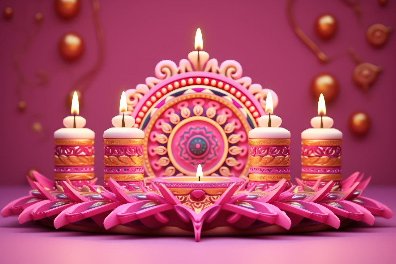 Celebrate diwali with glowing 3d candles on a vibrant pink background