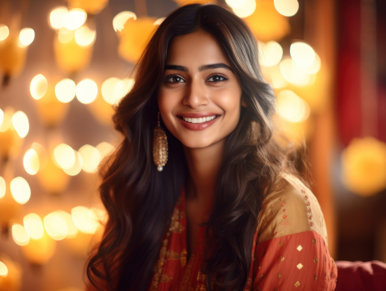 Radiant indian woman glows amidst sparkling lights