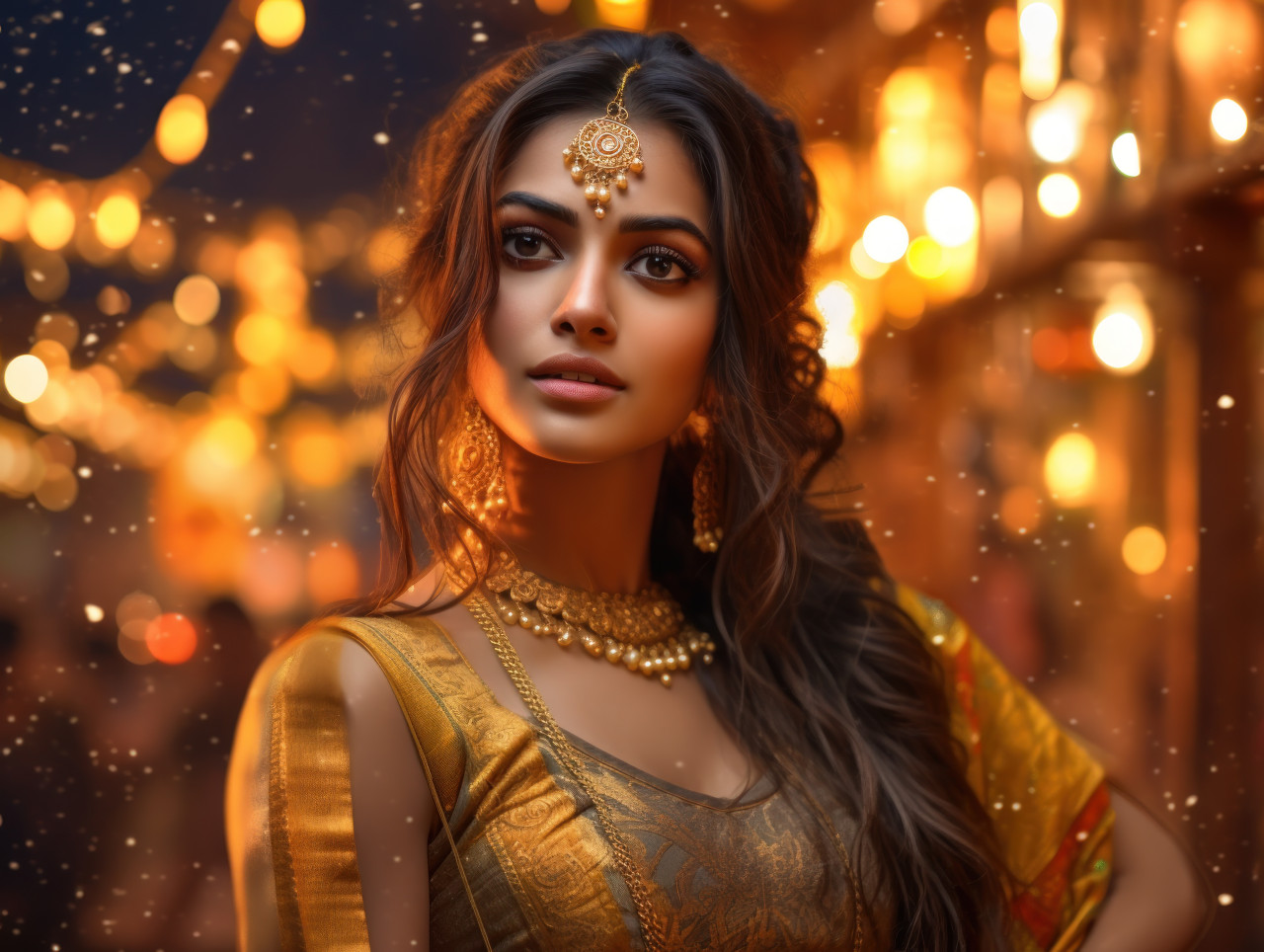 Young indian girl wearing a traditional sari and gold hair ornaments