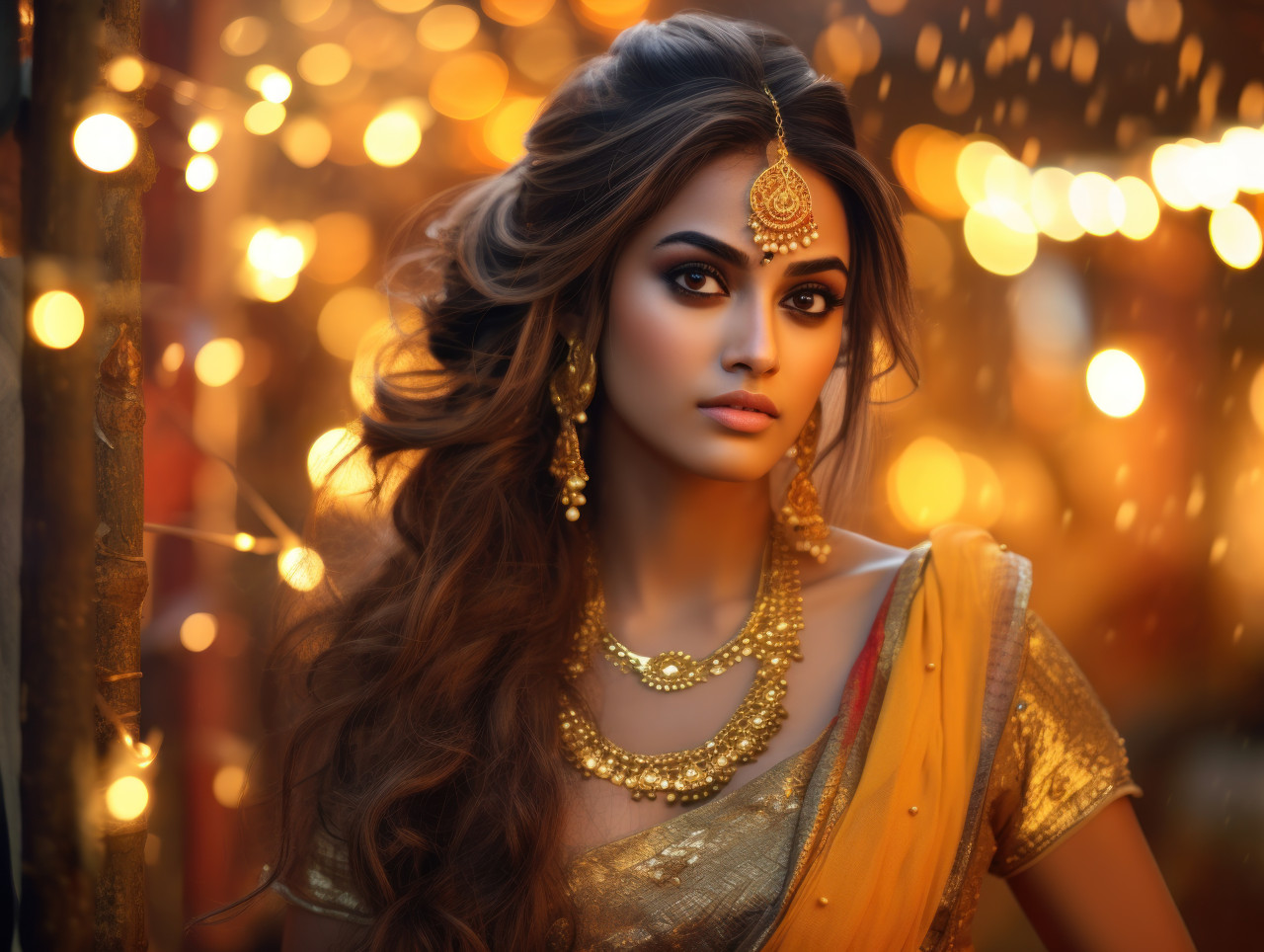 Young indian girl wearing a traditional sari and gold hair ornaments