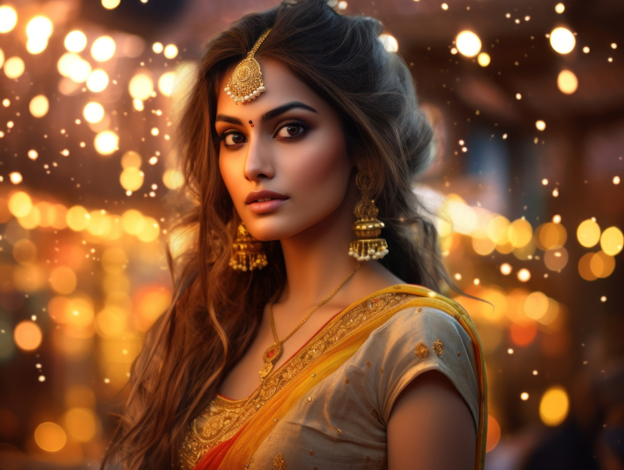 Young indian girl wearing a traditional sari and gold hair ornaments