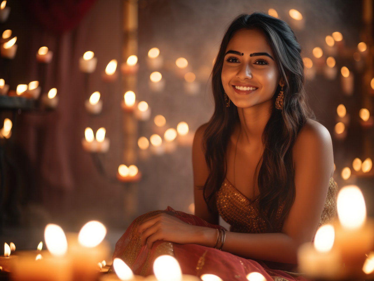 Smiling indian woman by candlelight
