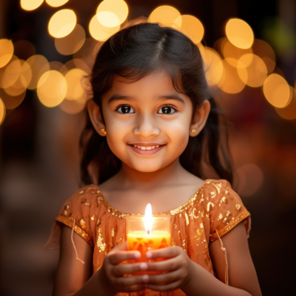 Smiling girl celebrates diwali with lit candle