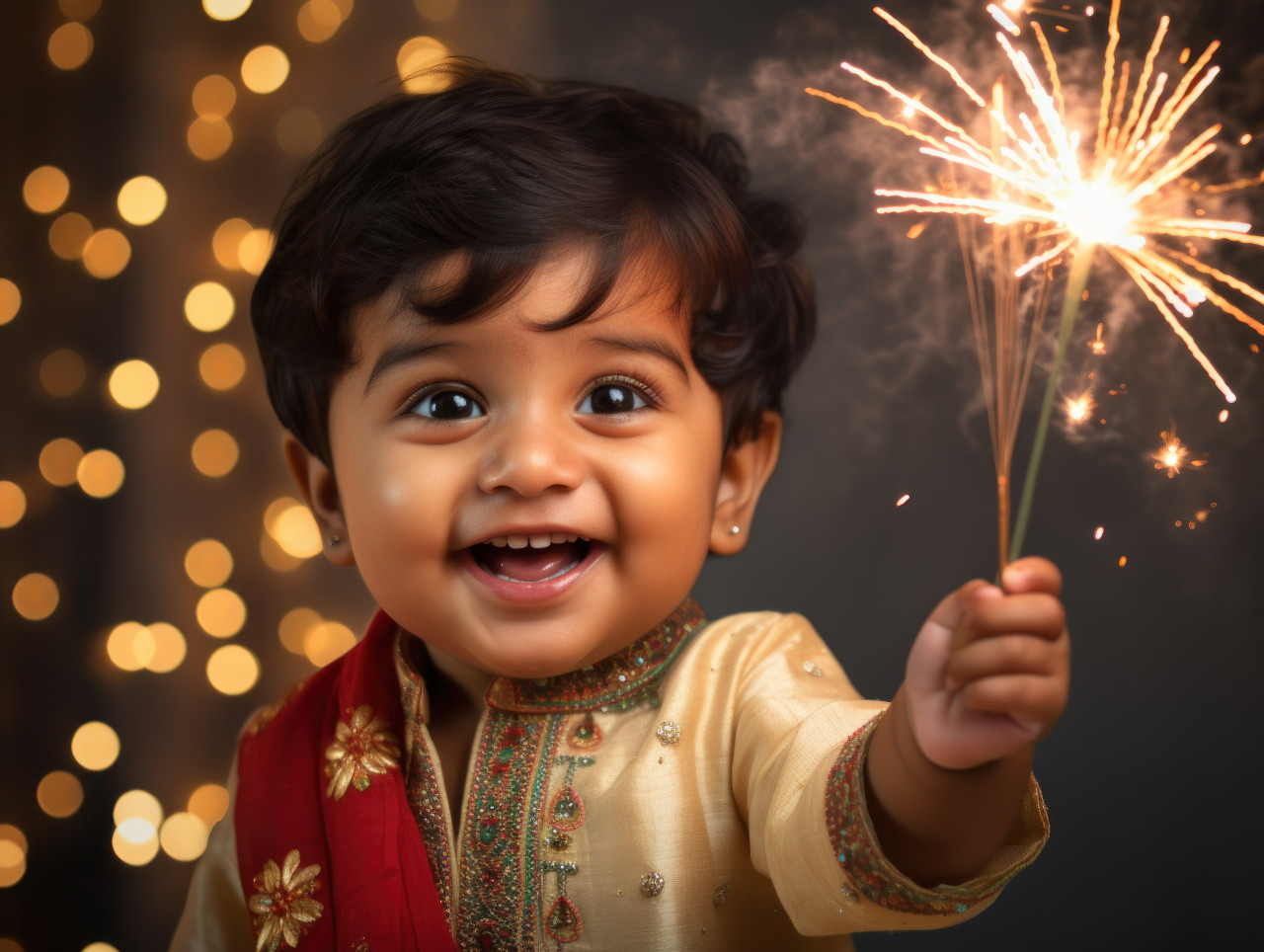 Indian baby in traditional dress points at fireworks