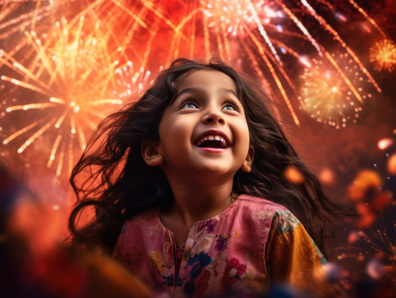 A young indian girl celebrates diwali, the festival of lights