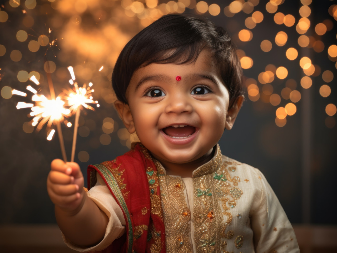 Indian baby in traditional dress points at fireworks