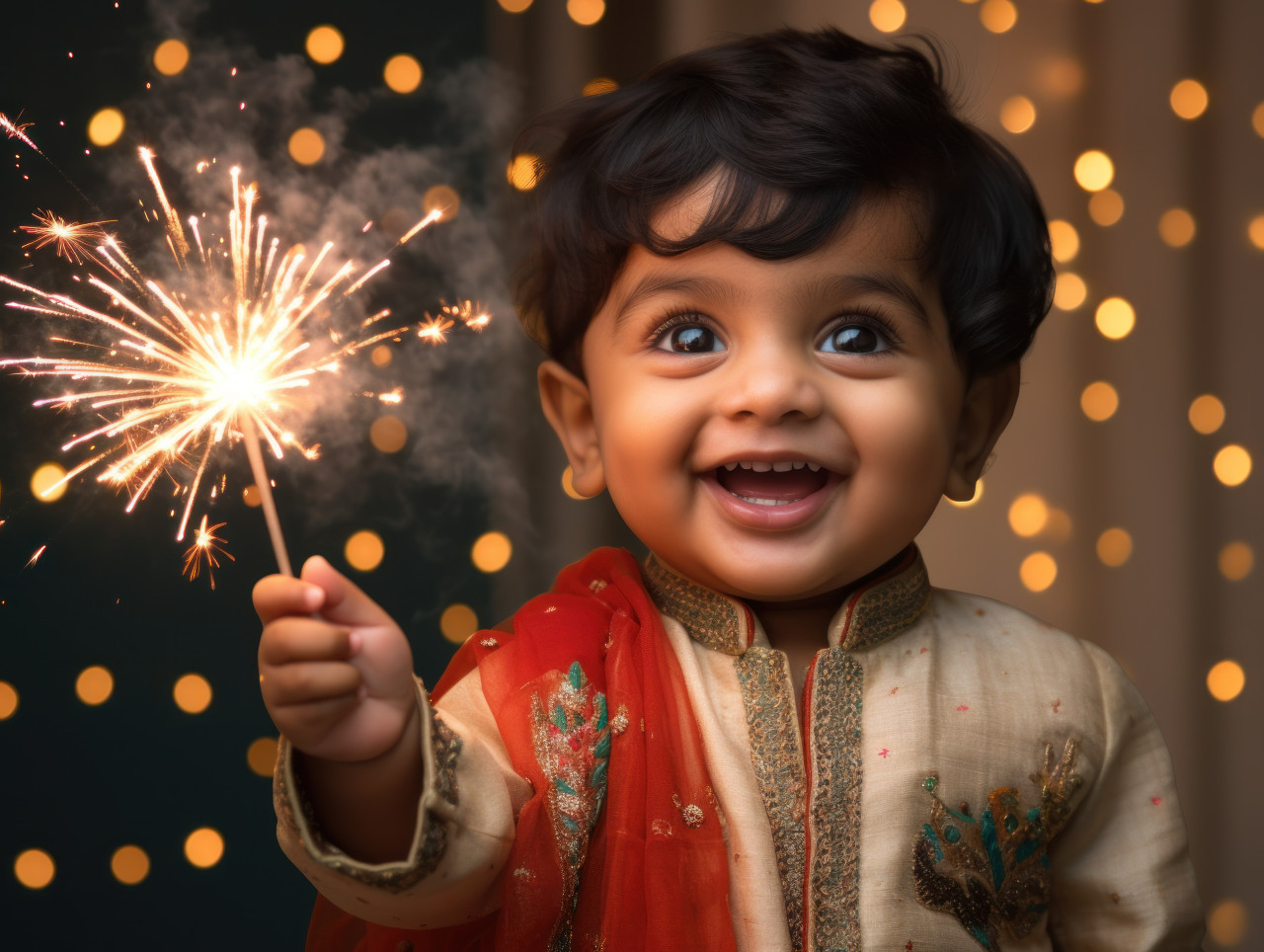 Indian baby in traditional dress points at fireworks