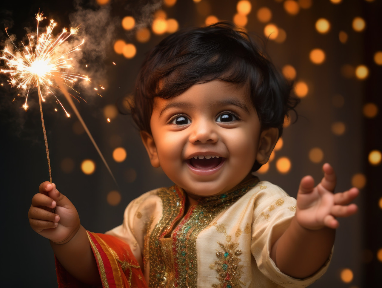 Indian baby in traditional dress points at fireworks