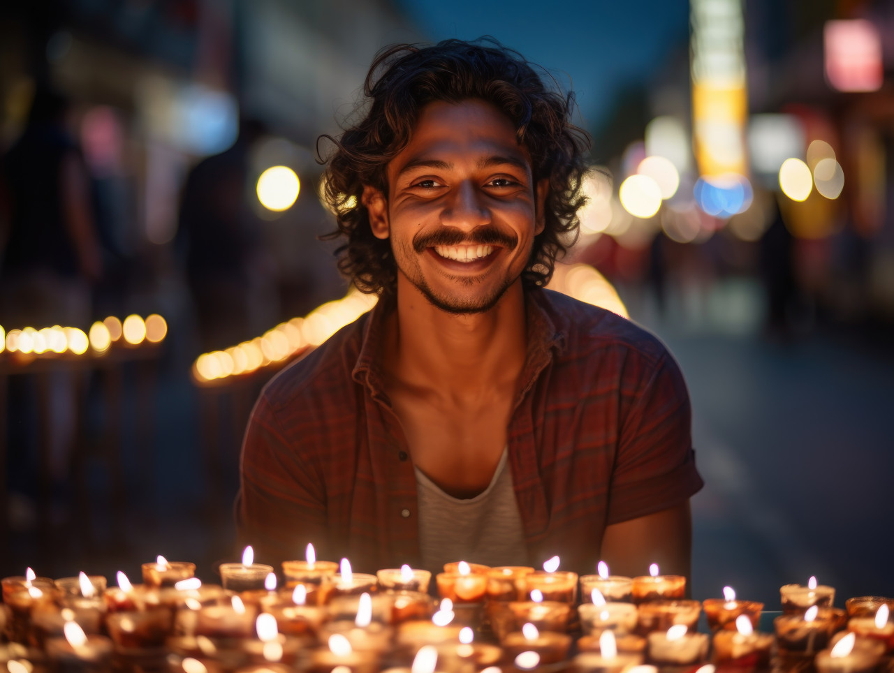 Indian man celebrates diwali with candles