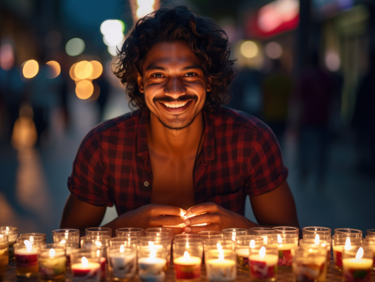 Indian man celebrates diwali with candles