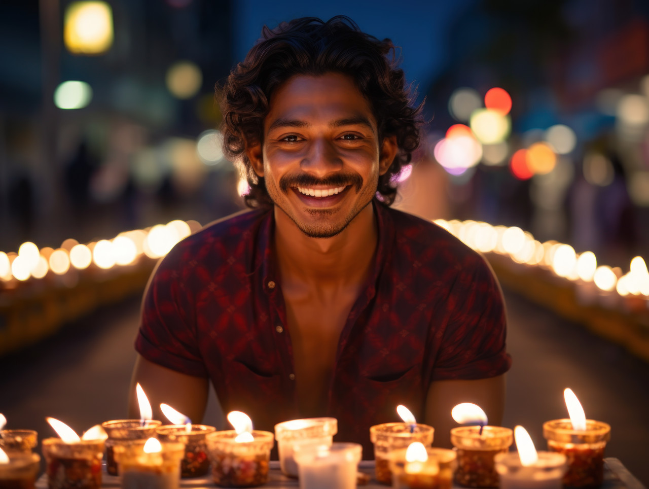 Indian man celebrates diwali with candles